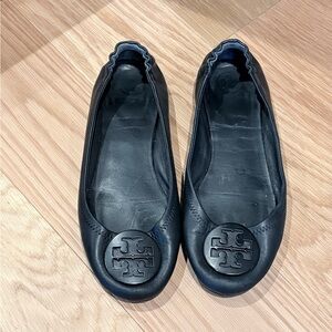 Tory Burch Minnie Travel Ballet Flats Black Leather Size 8